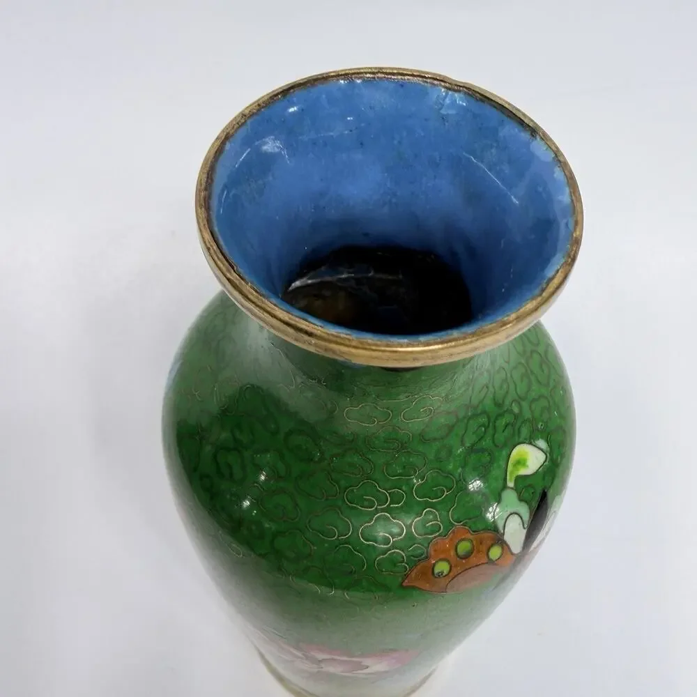Green Cloisonne Butterfly & Flower Vase Miniature 5.5